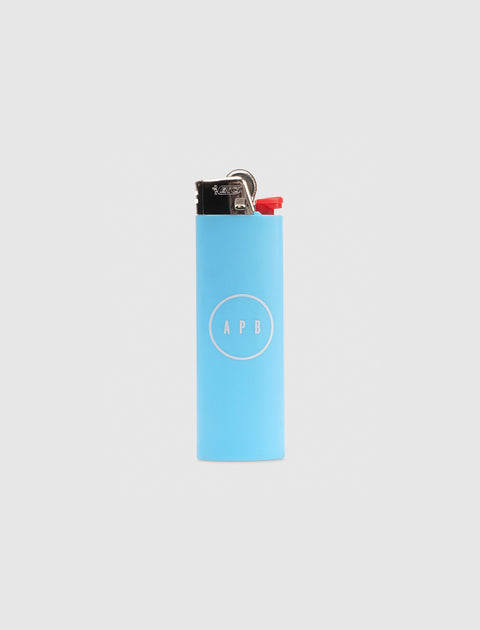 Light blue refillable lighter with APB logo on plain background