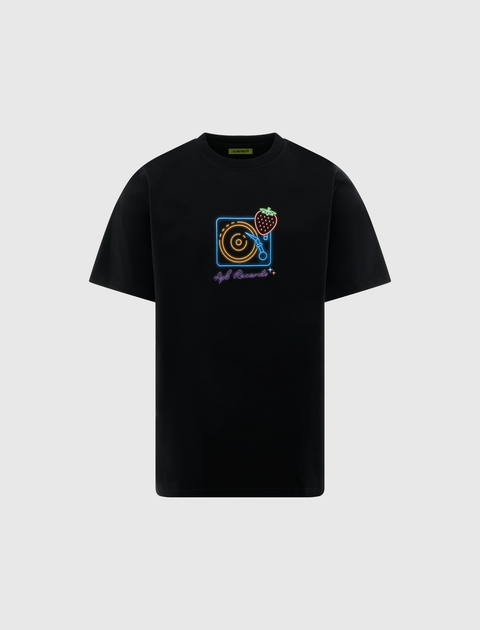 Black streetwear t-shirt with neon turntable and strawberry graphic on the chest