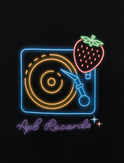 Black t-shirt with neon record player, strawberry, and 'Apb Records' graphic design