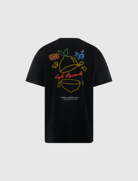 Black streetwear t-shirt with neon fruit, music notes, and 'Apb Records' back graphic