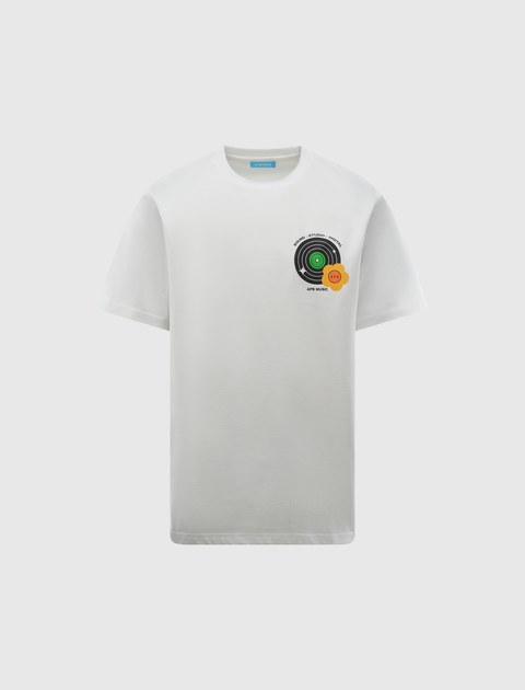 White men's streetwear t-shirt with small vinyl record and music graphic on chest