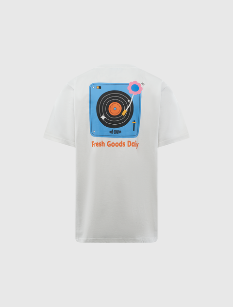 White streetwear t-shirt with colorful turntable graphic and Fresh Goods Daily text on back