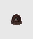 Brown corduroy skate hat with embroidered graphic and 'all points bulletin' text on front