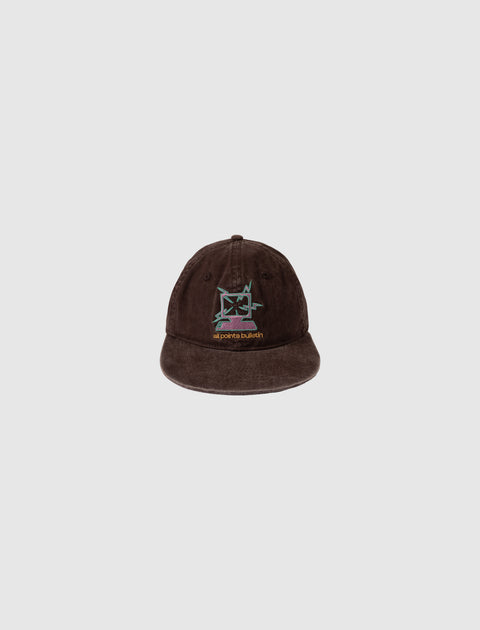 Brown corduroy skate hat with embroidered graphic and 'all points bulletin' text on front