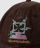 Brown corduroy hat with colorful embroidered computer graphic and 'all points bulletin' text