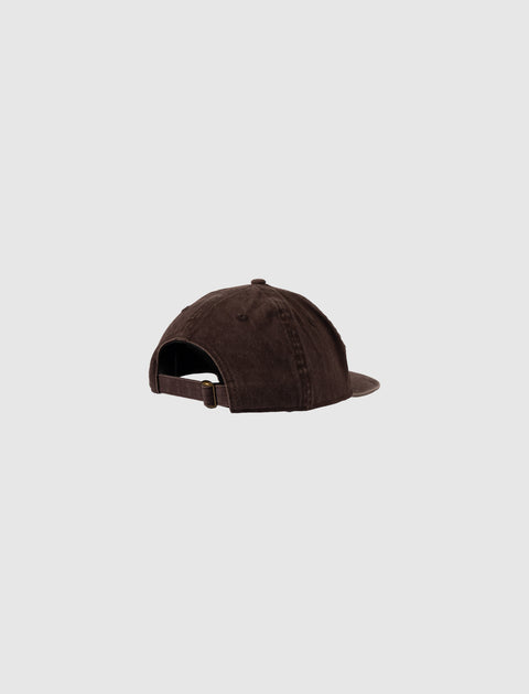 Brown skate hat with adjustable strap and curved brim, rear view on white background