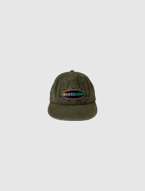 Olive green skate hat with embroidered allpointbulletin logo, streetwear style