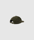 Olive green skate hat with adjustable strap, back view on plain background
