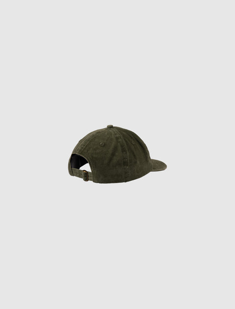 Olive green skate hat with adjustable strap, back view on plain background