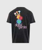 Black streetwear t-shirt with colorful digital garden graphic and pixel text on back