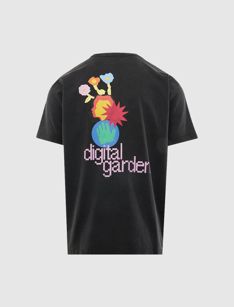 Black streetwear t-shirt with colorful digital garden graphic and pixel text on back