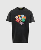 Black streetwear t-shirt with colorful graphic flowers and 'apb' text on the front