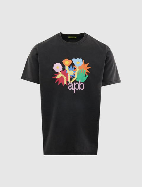 Black streetwear t-shirt with colorful graphic flowers and 'apb' text on the front