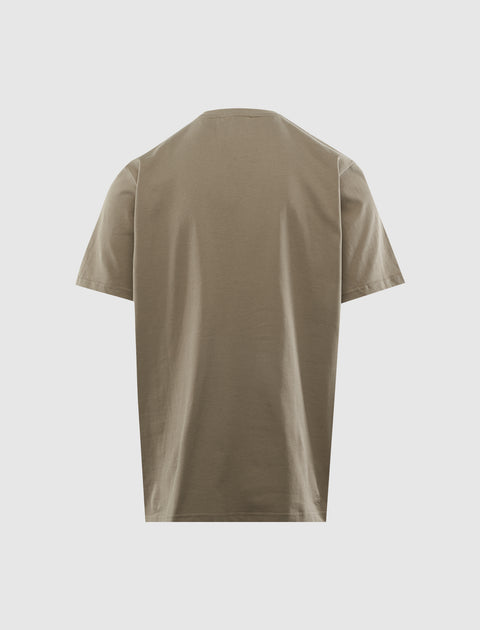 Back view of olive green short sleeve men's streetwear t-shirt on white background