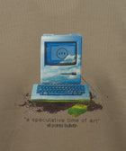Olive t-shirt with vintage blue computer and "a speculative time of art" graphic print