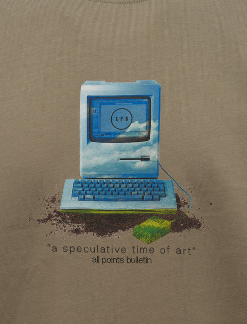 Olive t-shirt with vintage blue computer and "a speculative time of art" graphic print
