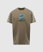 Olive green streetwear t-shirt with vintage computer and sky graphic on front