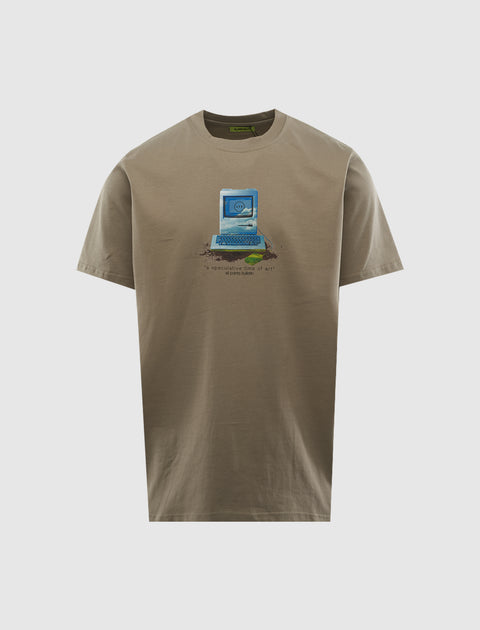 Olive green streetwear t-shirt with vintage computer and sky graphic on front