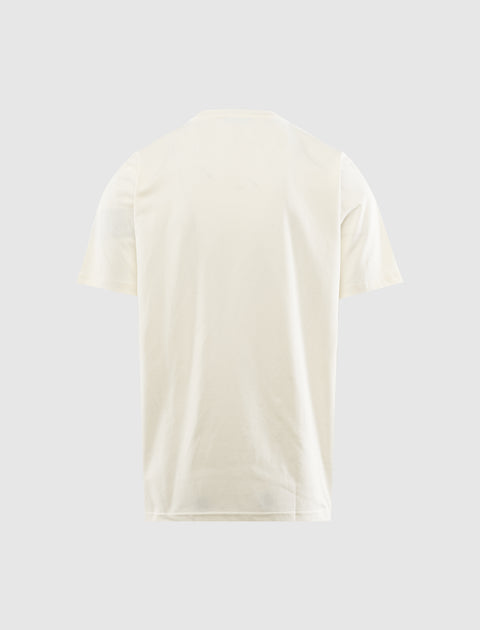 Back view of plain off-white men's streetwear t-shirt on light background
