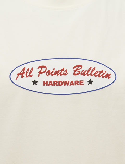 White streetwear T-shirt with 'All Points Bulletin Hardware' graphic and star accents