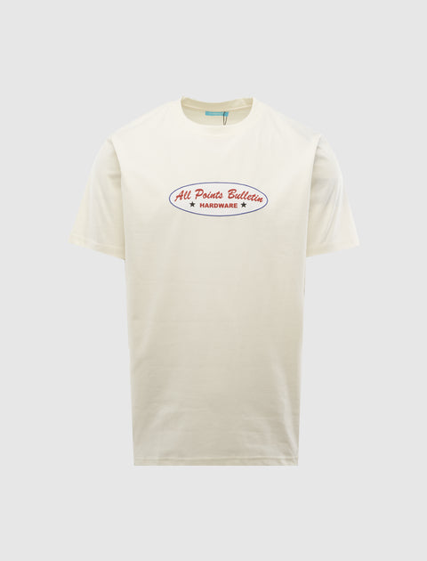Off-white men's streetwear t-shirt with red All Points Bulletin Hardware graphic on front