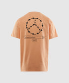 Pink streetwear t-shirt with black peace sign arrows and search bar graphic on back