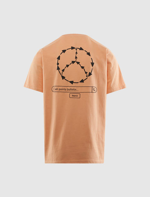 Pink streetwear t-shirt with black peace sign arrows and search bar graphic on back