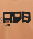 Pink t-shirt with bold black graphic and computer mouse and keyboard design details