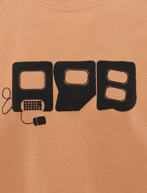 Pink t-shirt with bold black graphic and computer mouse and keyboard design details