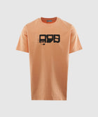 Peach short sleeve streetwear t-shirt with bold black graphic print on chest, front view
