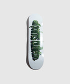 White skateboard deck with green grass and flower graphic design on gray background
