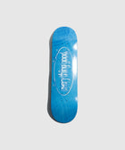 Blue skateboard deck with embossed logo and water effect on a light background
