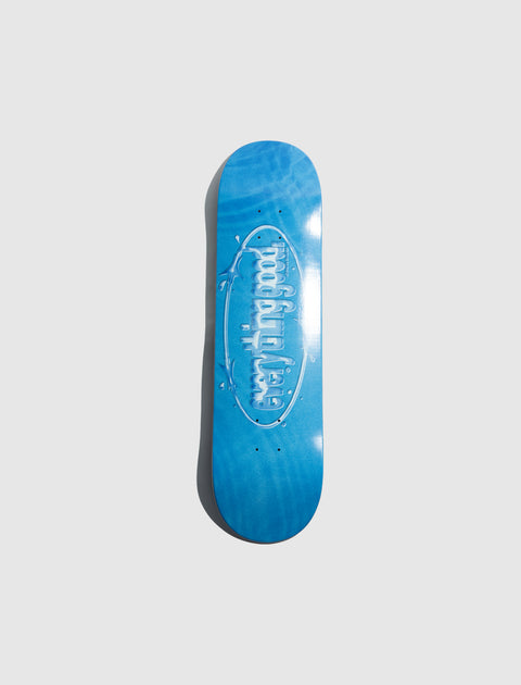 Blue skateboard deck with embossed logo and water effect on a light background