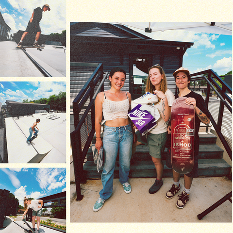 Group of young adults at a skatepark holding a skateboard and Nike SB sneakers, with skaters performing tricks on ramps under a bright sky.