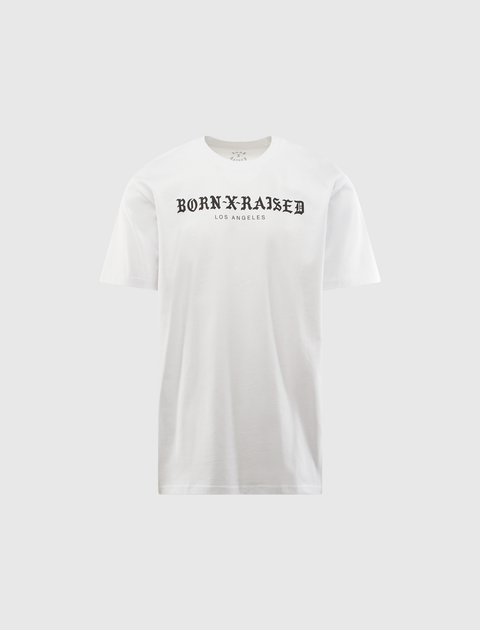 White men's streetwear t-shirt with 'Born X Raised Los Angeles' black lettering on front