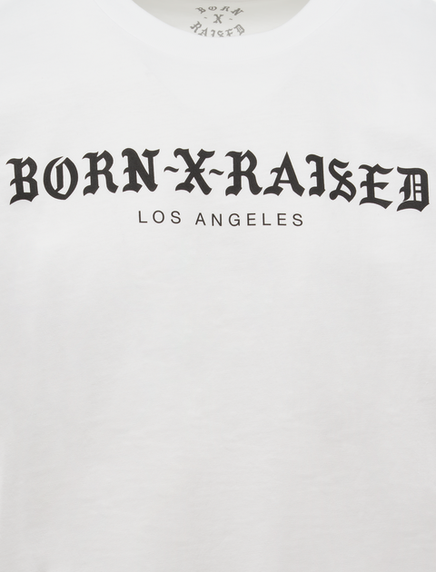 White streetwear t-shirt with Born X Raised Los Angeles black gothic text print