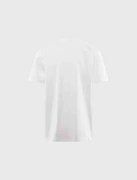 Back view of plain white men's streetwear t-shirt on light background