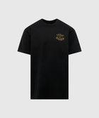 Black streetwear t-shirt with small yellow graphic text on chest, men's apparel