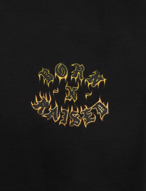 Black streetwear shirt with 'Born x Raised' flame graphic on chest