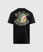 Black streetwear t-shirt with 'Born Raised' graphic and illustrated woman on back