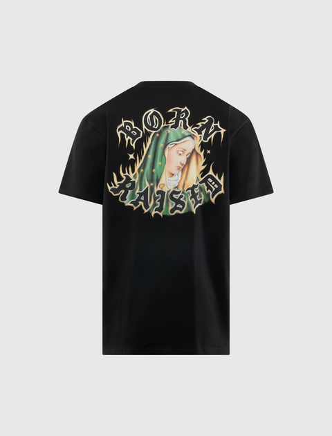 Black streetwear t-shirt with 'Born Raised' graphic and illustrated woman on back