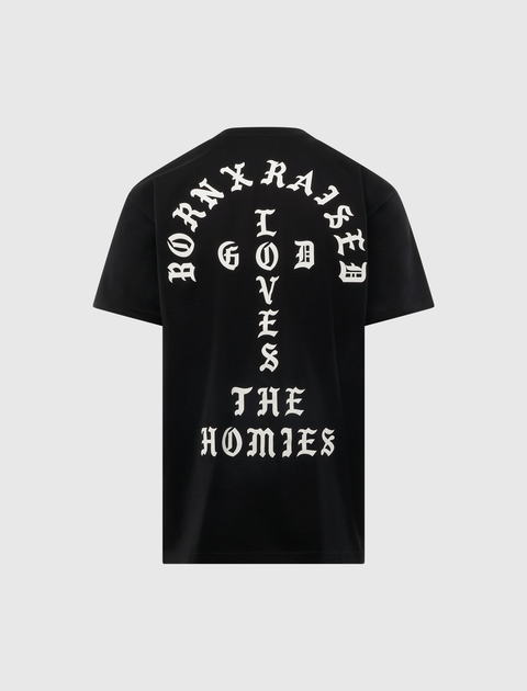 Black streetwear t-shirt with bold white gothic text reading 'Born X Raised God Loves The Homies' on back.
