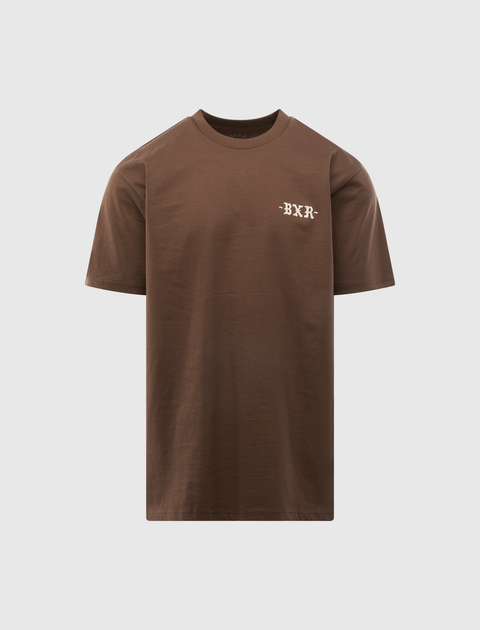 Brown short sleeve streetwear t-shirt with small cream BXR logo on chest