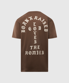 Brown streetwear t-shirt with gothic white back text, Born X Raised God Loves The Homies.