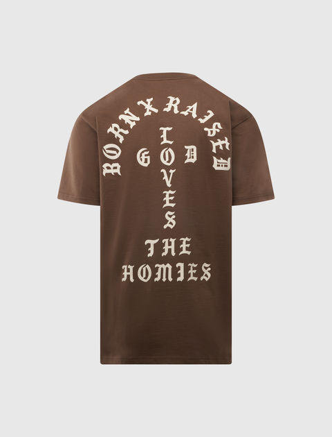 Brown streetwear t-shirt with gothic white back text, Born X Raised God Loves The Homies.