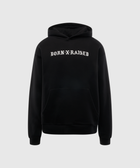 Black streetwear hoodie with BORN X RAISED text, front kangaroo pocket, and drawstring hood