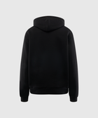 Back view of a plain black men's streetwear hoodie against a light background