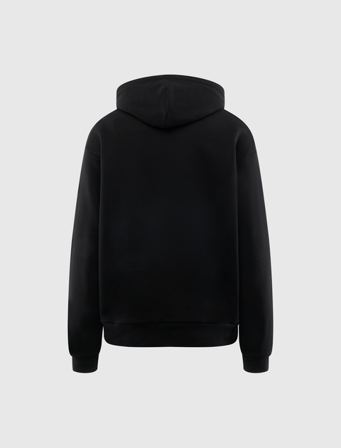 Back view of a plain black men's streetwear hoodie against a light background