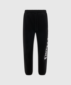 Black streetwear jogger pants with white graphic text on the left leg, drawstring waist