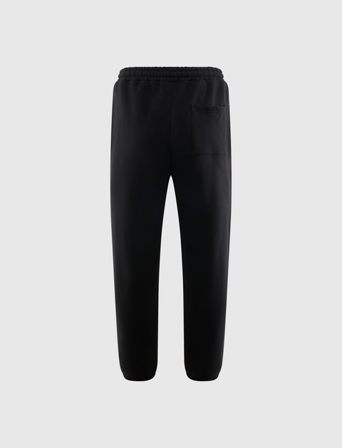 black men's streetwear jogger pants with elastic waistband and back pocket on white background